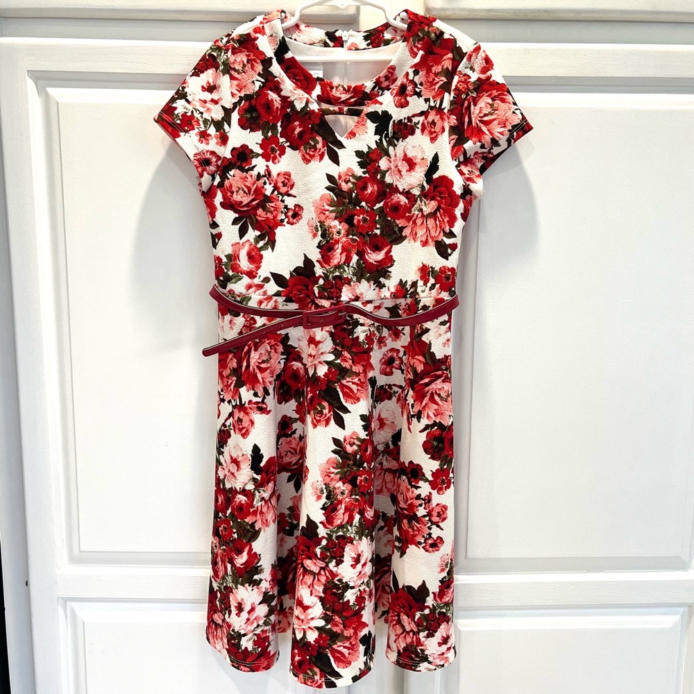 Bonnie Jean Girls 14 Floral Dress Fit Flare Belted Short Sleeve Red Pink White
